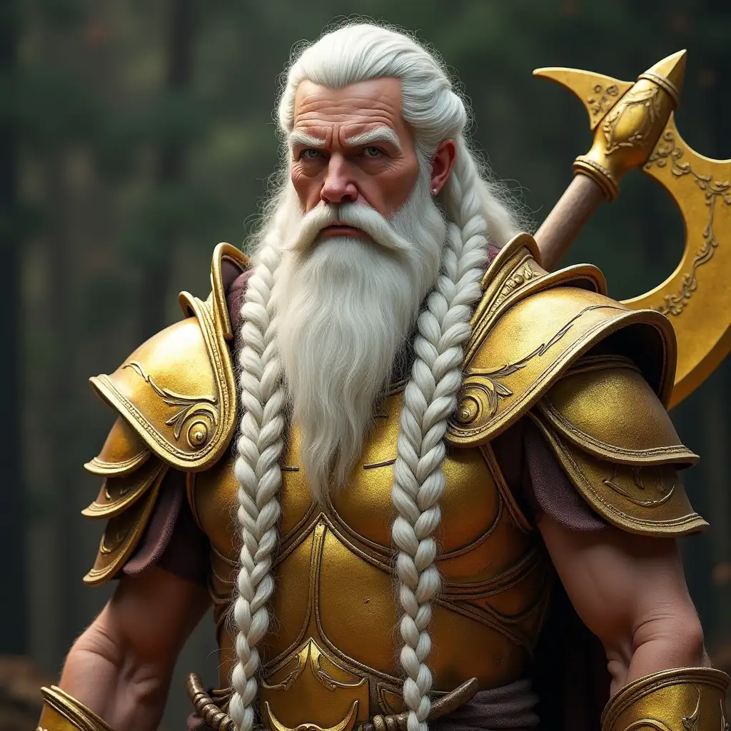 Warrior with long braided white beard, golden armor and powerful golden ax