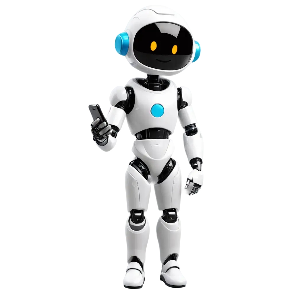 chat bot in the form of a small robot in an astronaut helmet and with a phone in hand