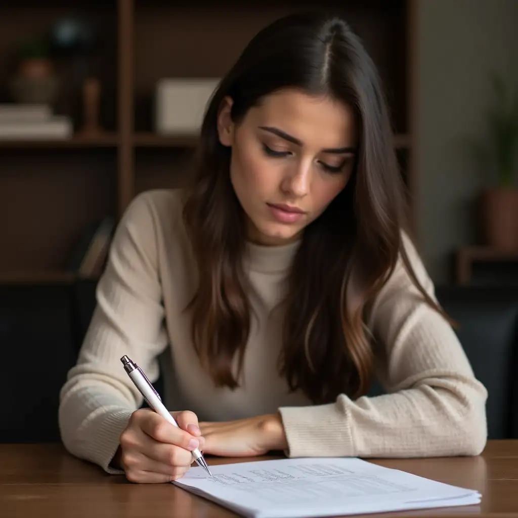 A woman sits pensively with a pen in her hands at her desk, writing