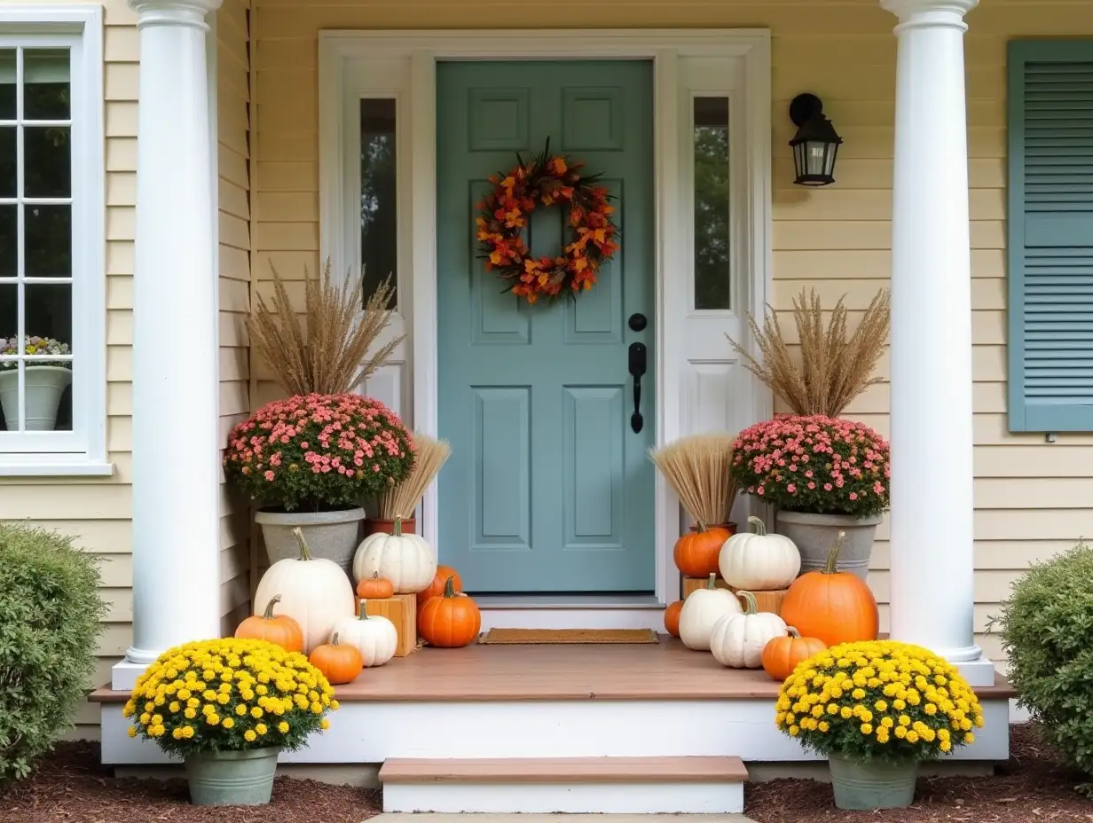 Cozy house porch decor style, autumn style with pumpkins and flowers in pastel colors