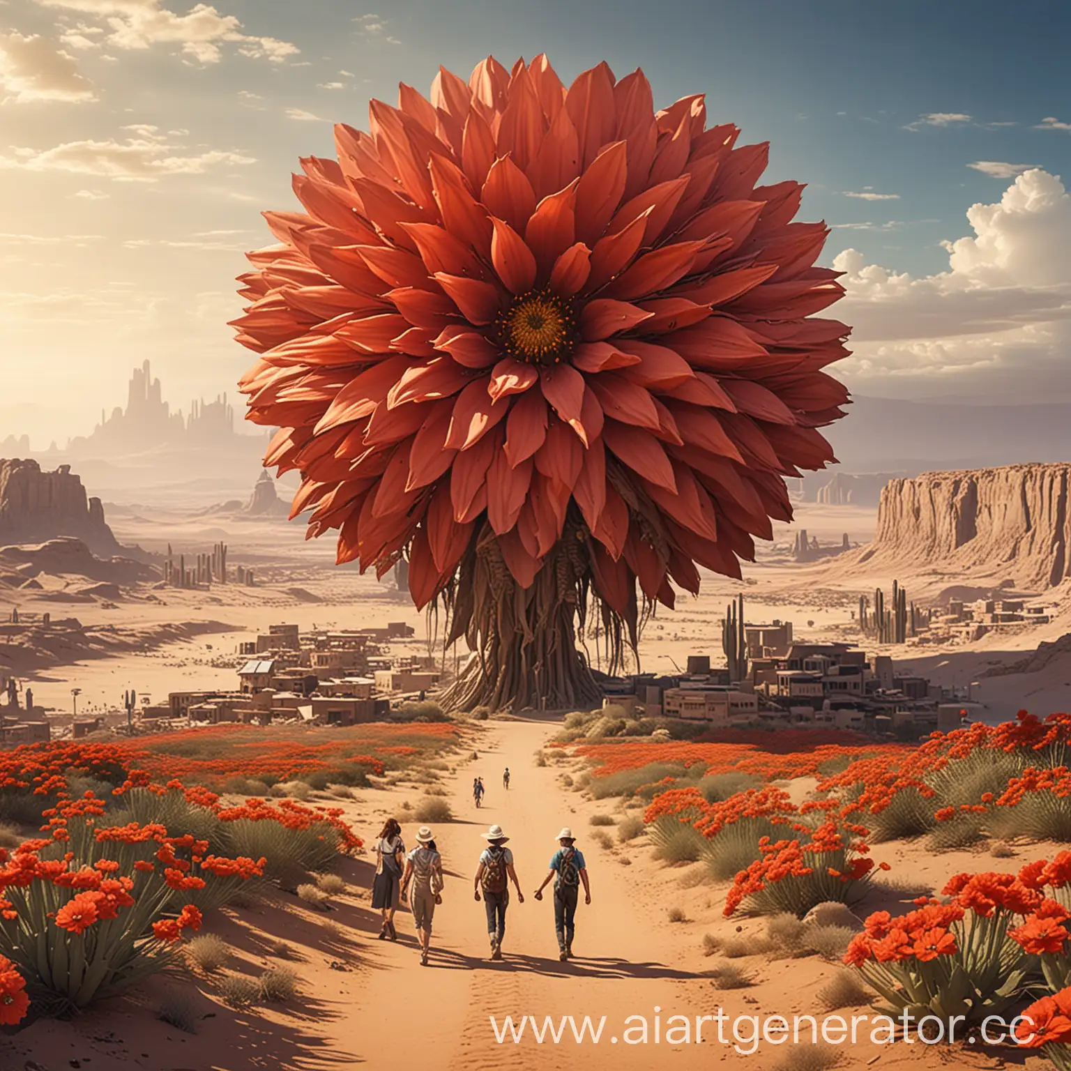 Travelers-Passing-by-Desert-City-Around-Giant-Flower