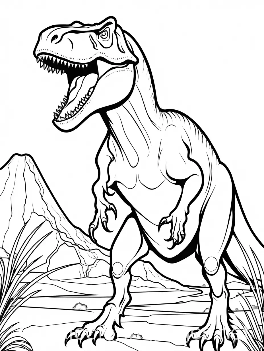 T-REX, Coloring Page, black and white, line art, white background, Simplicity, Ample White Space. The background of the coloring page is plain white to make it easy for young children to color within the lines. The outlines of all the subjects are easy to distinguish, making it simple for kids to color without too much difficulty