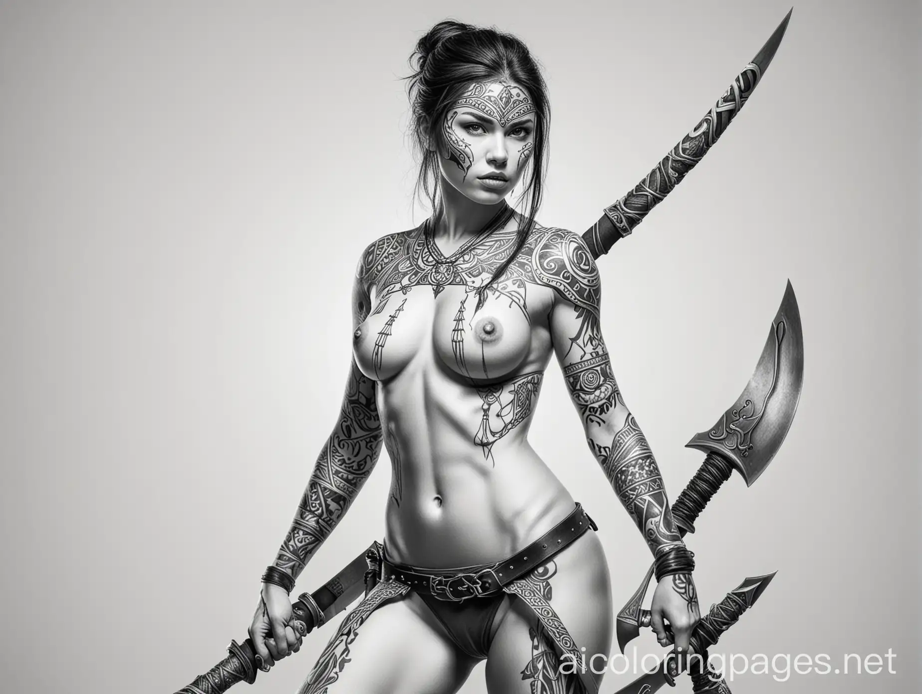 Line art,  black on white, simplicity, naked female nordic warrior, covered with tribal tattoo, fight against evil zombies, using Katana and battle axes, Coloring Page, black and white, line art, white background, Simplicity, Ample White Space. The background of the coloring page is plain white to make it easy for young children to color within the lines. The outlines of all the subjects are easy to distinguish, making it simple for kids to color without too much difficulty