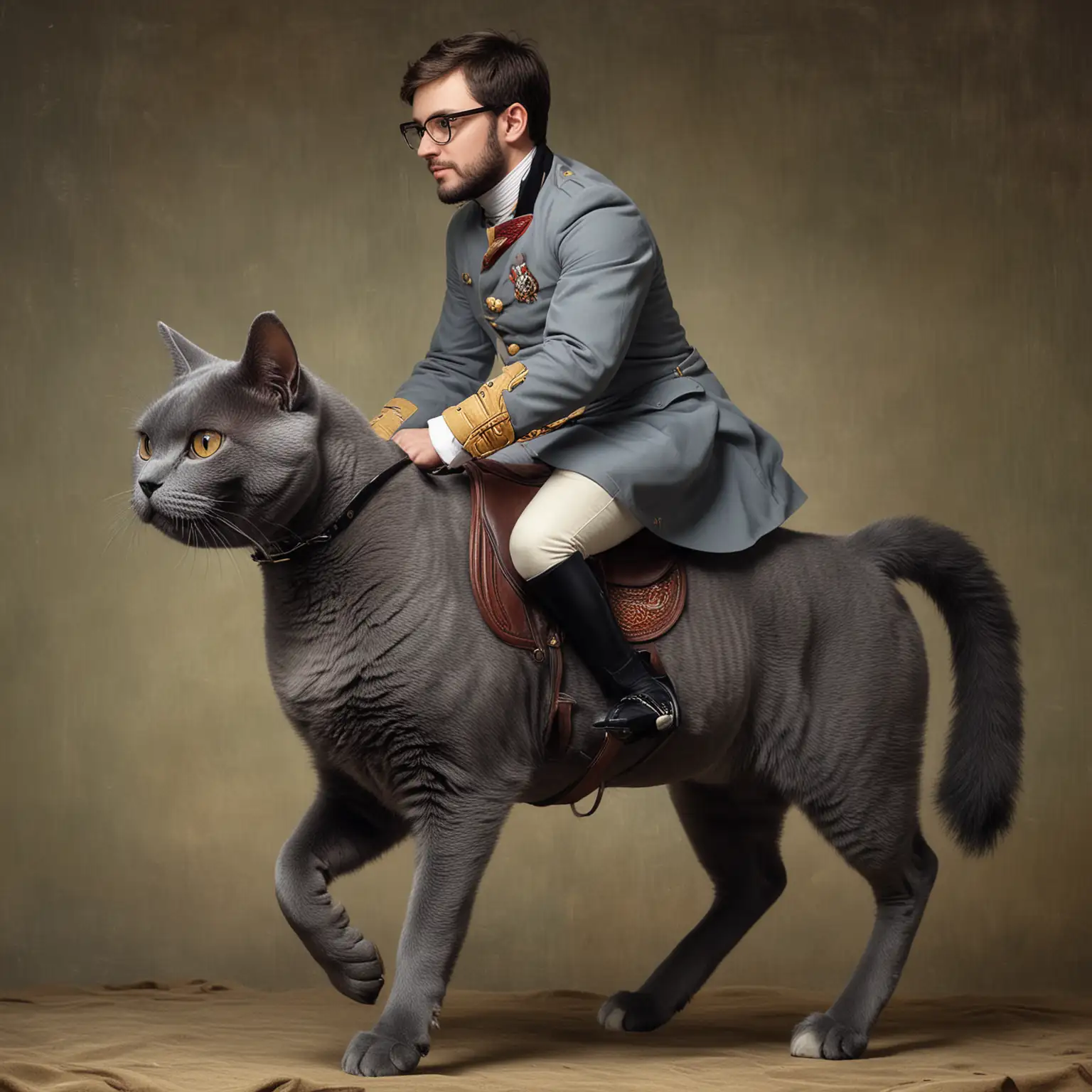 Young white european male with a short trimmed black beard and wearing glasses is riding a dark grey colour fat British short hair cat, image it's influenced by napoleon riding a horse, but this time the man is riding the grey chubby cat. Image is from profile with the man riding the cat like a horse