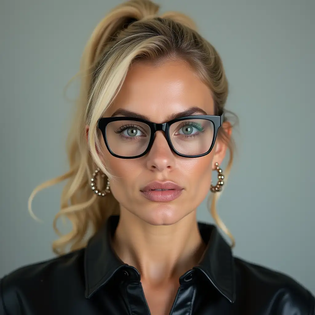 Strict-Female-Passport-Photo-with-Blonde-Ponytail-and-Black-Eyeglasses