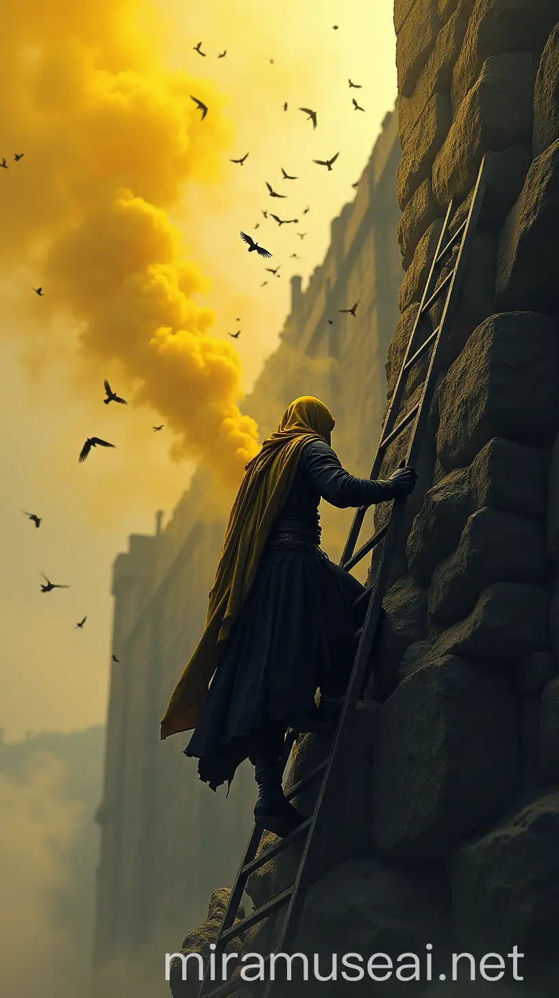 Fierce Warrior Ascending Ancient Fortress Amidst Yellow and Black Smoke