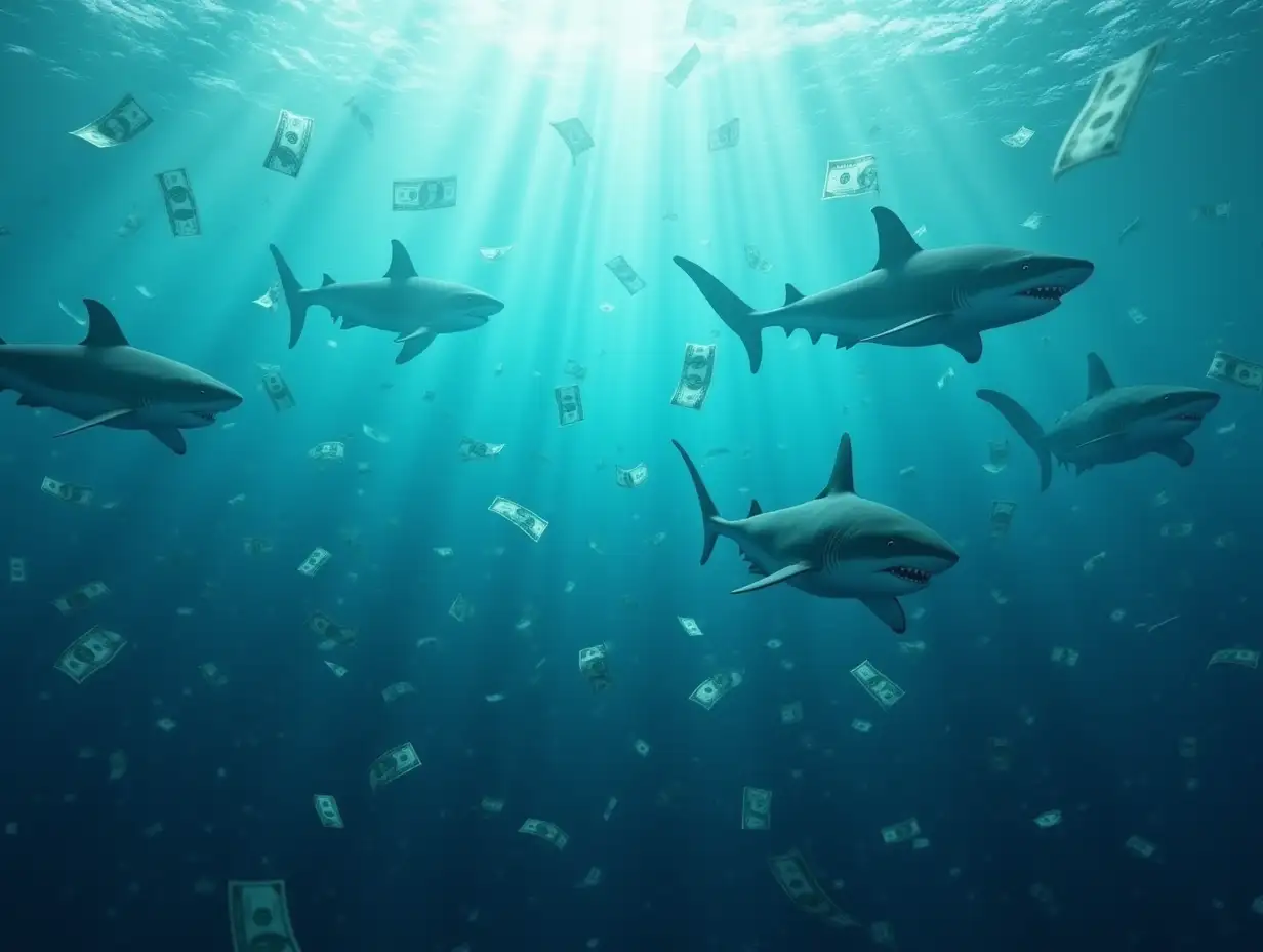 Ocean-of-Cash-Dollar-Bills-with-Sharks-Swimming-Around