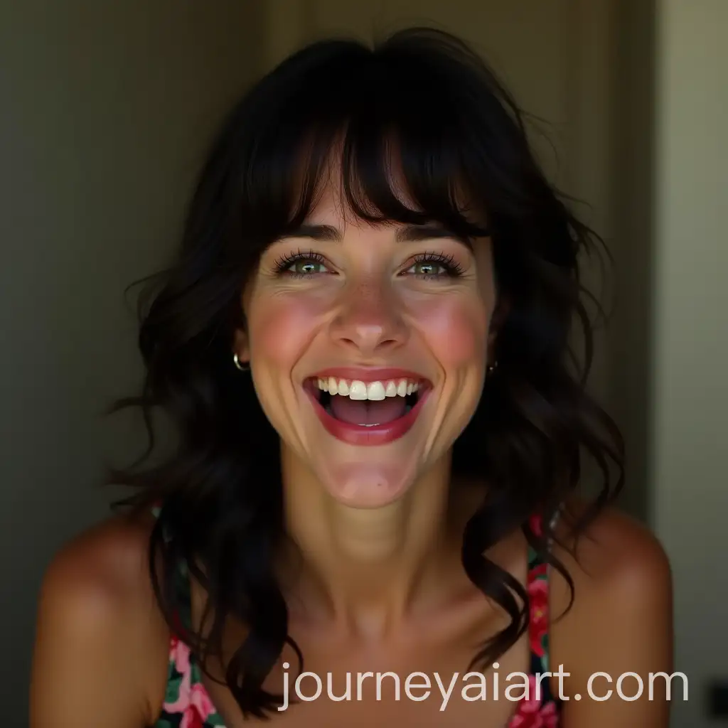 Woman-with-Wavy-Hair-and-Green-Eyes-Smiling-in-Floral-Dress