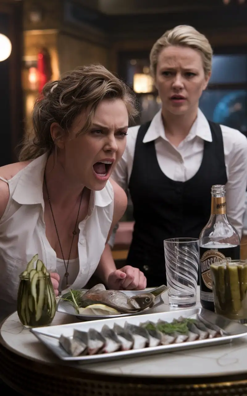 Charlize Theron with horrible hangover yells at waitress. On the table treats in Russian style - bottle of Stolichnaya, herring in pieces, pickled cucumbers, cubed glass