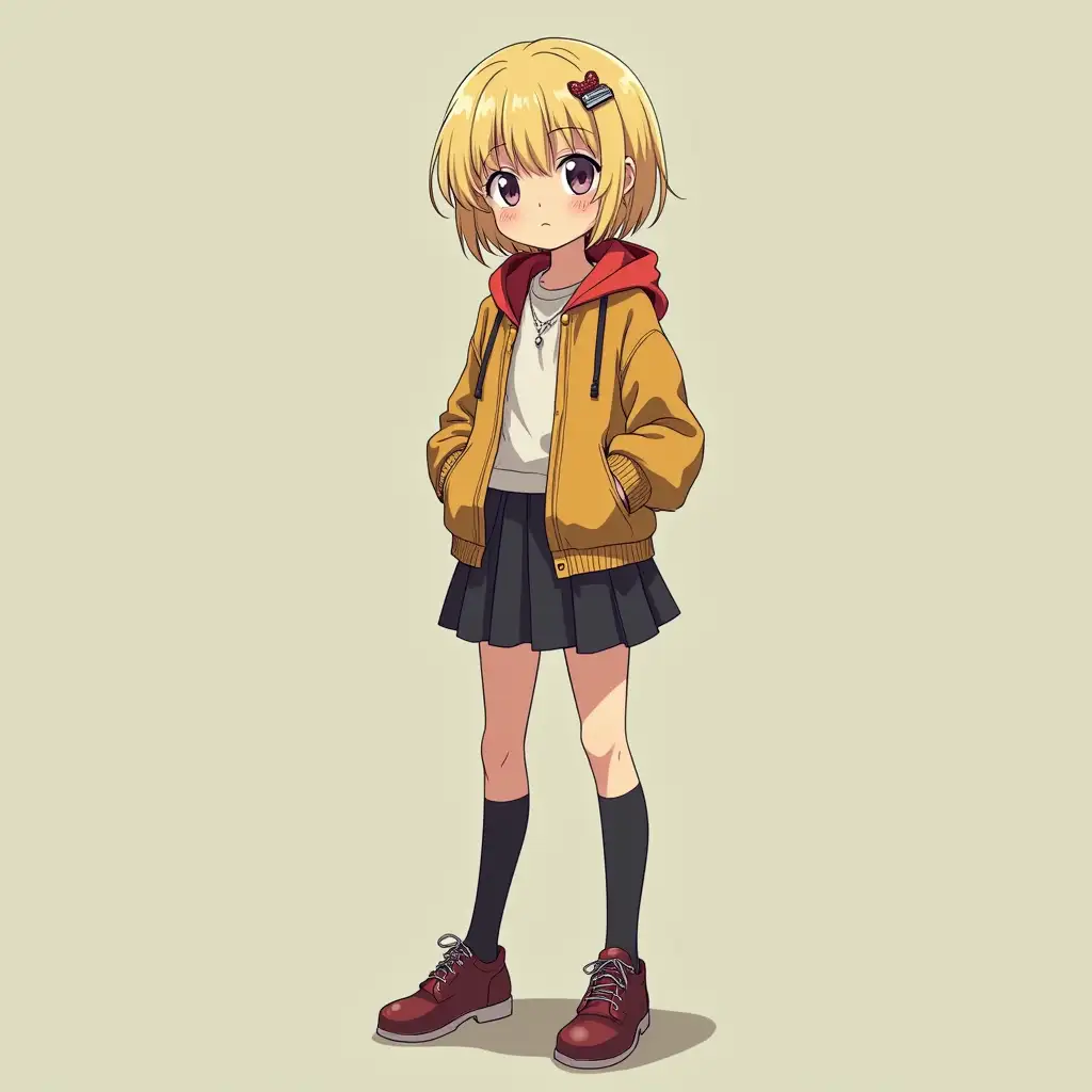 Full-length anime imagery of a nasty but silly and adorable slim 12-year-old girl with blond hair and a bob cut. Lightweight casual clothes with tights, a short skirt and shoes, the style of clothing gives off a very subtle 70s and gothic, has girly elements like hairclips, bows and ruffles