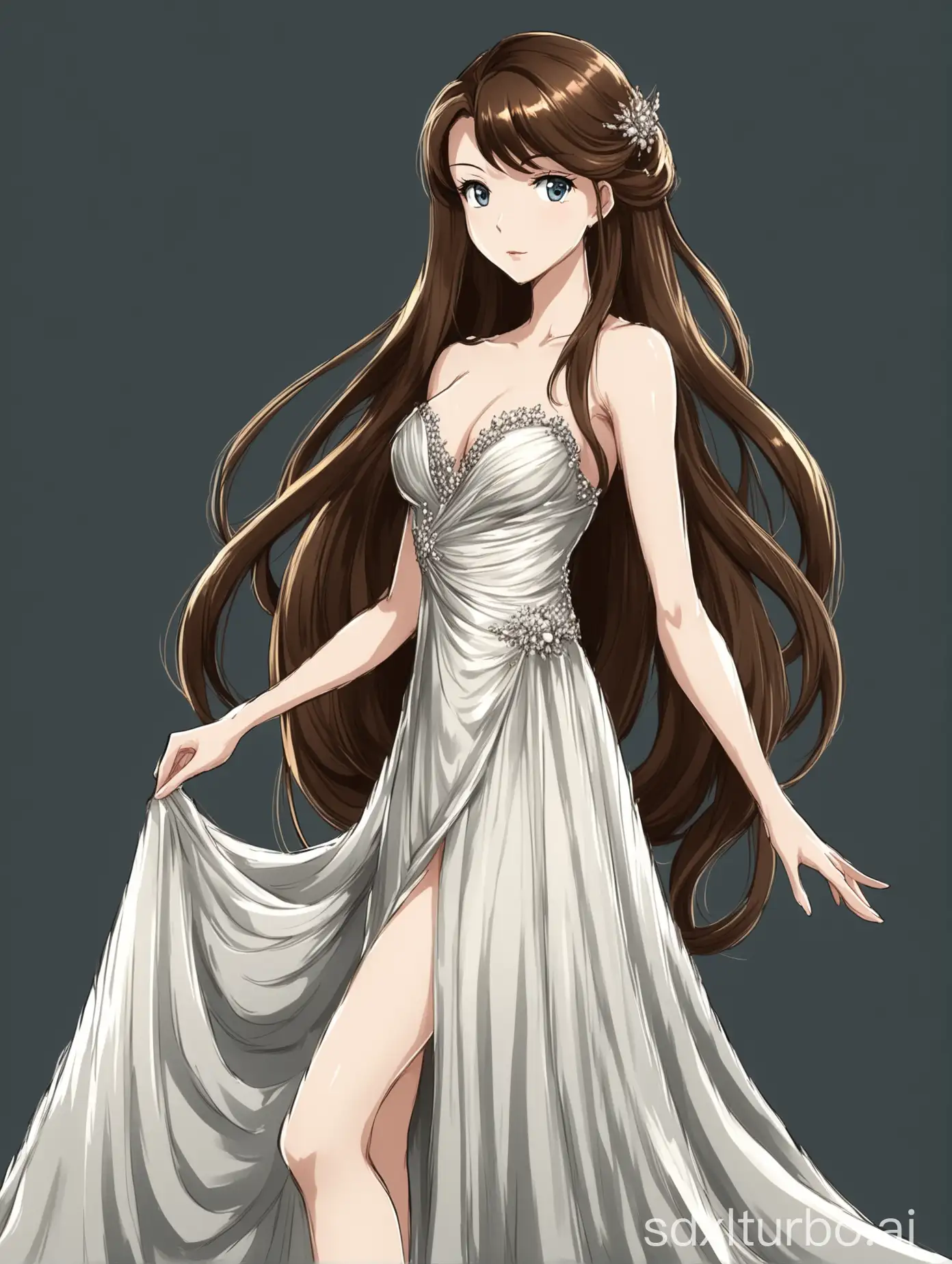 High definition, elegant and beautiful, anime-style cartoon, no background, long-haired goddess, wearing an evening gown