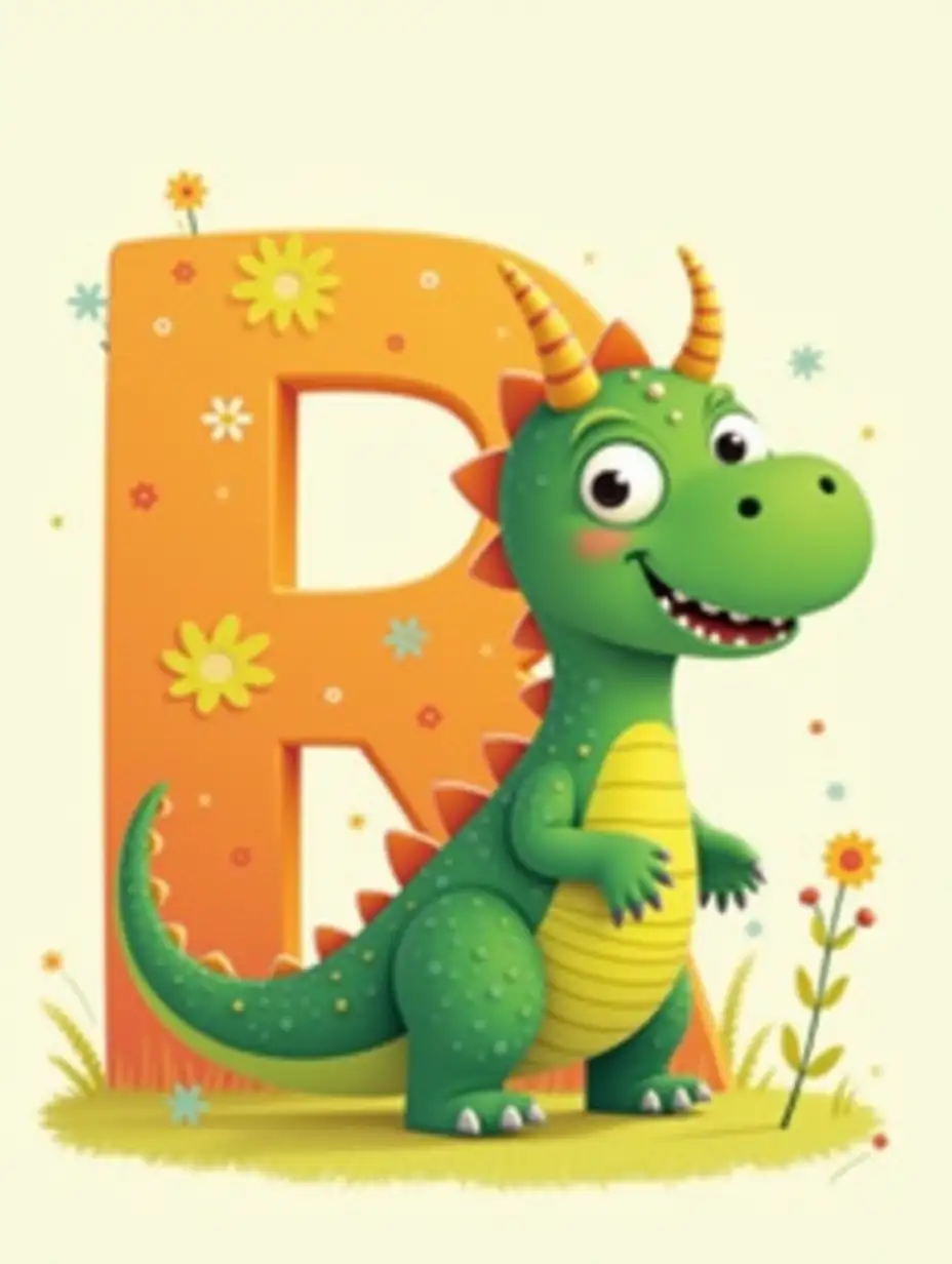 Create an image featuring a small, friendly dinosaur character with bright green scales and two small, curved horns. The dinosaur stands beside a large, stylized letter 'R' in a vibrant orange color, decorated with whimsical floral patterns. The background should be a soft, pastel gradient to enhance the playful atmosphere of the scene. The dinosaur should have large, expressive eyes and a cheerful smile, radiating a sense of joy and curiosity.
