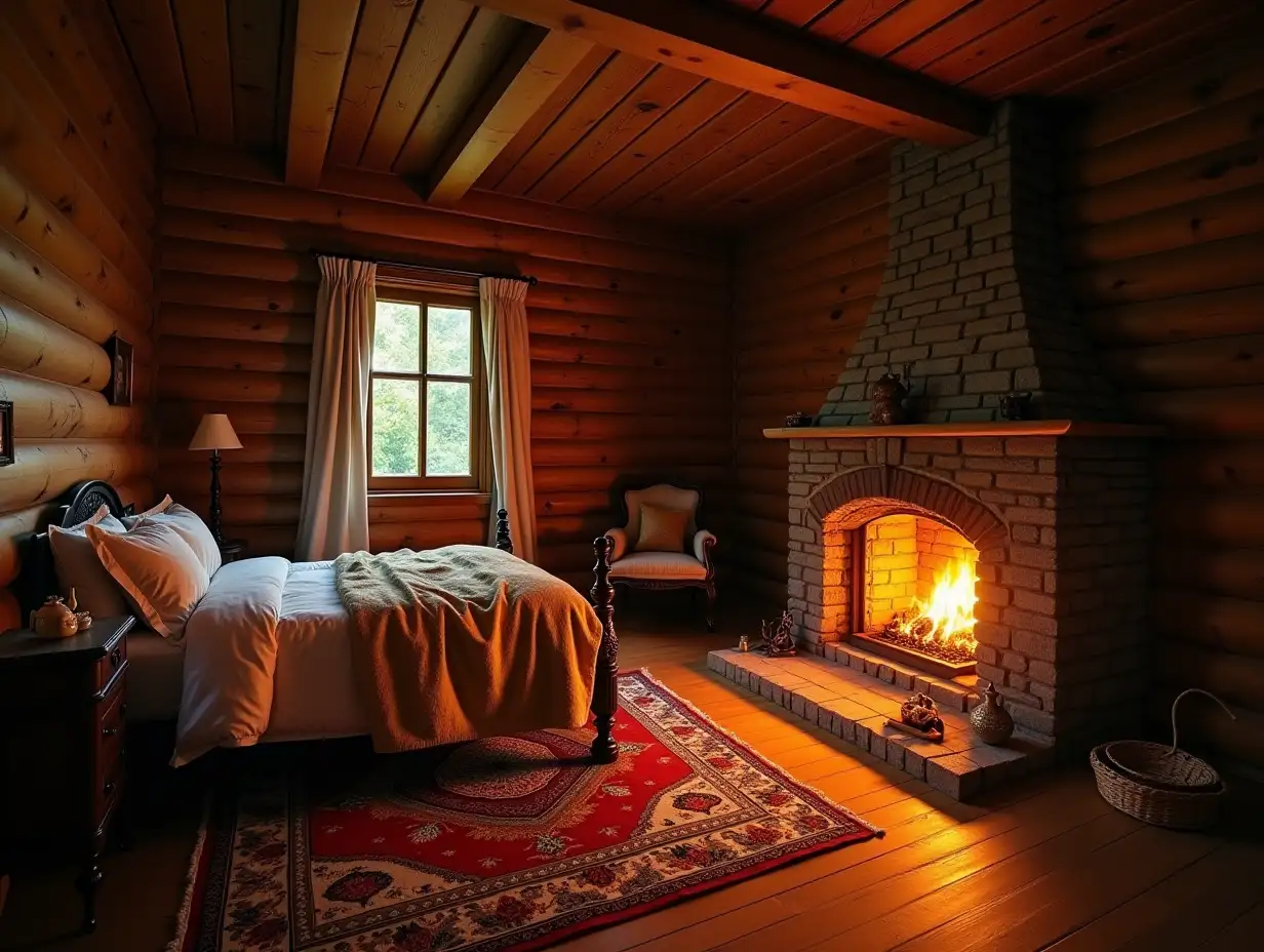 a wooden room with a bed and a glowing, burning furnace and a decorated carpet