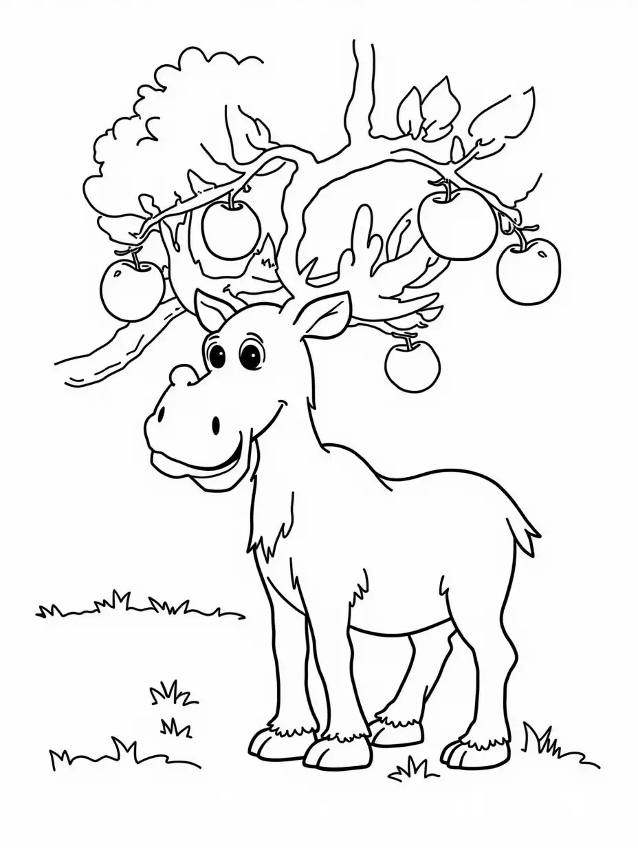 Moose-Eating-Apples-from-an-Apple-Tree-Color-Book-Illustration