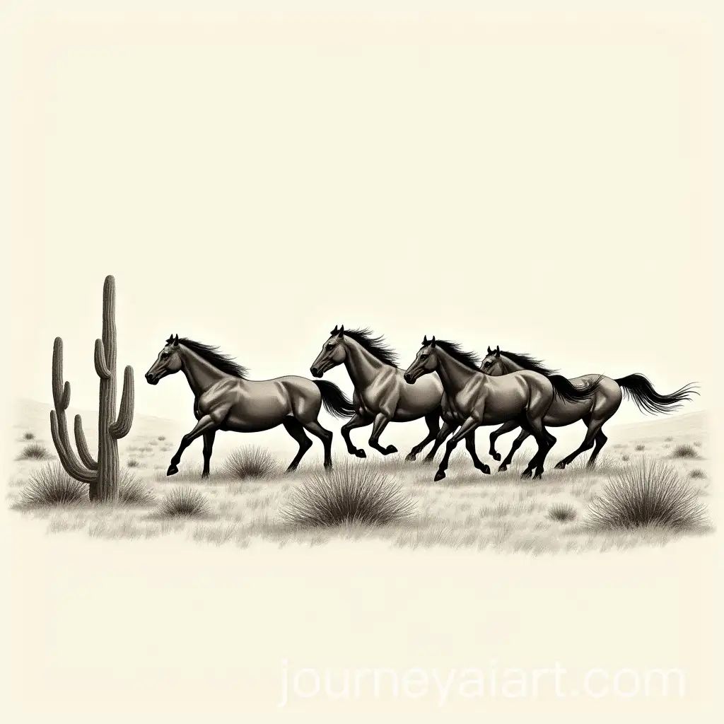 Black-and-White-Sketch-of-Horses-Racing-Across-a-Field-with-Tumbleweeds-and-Cactus