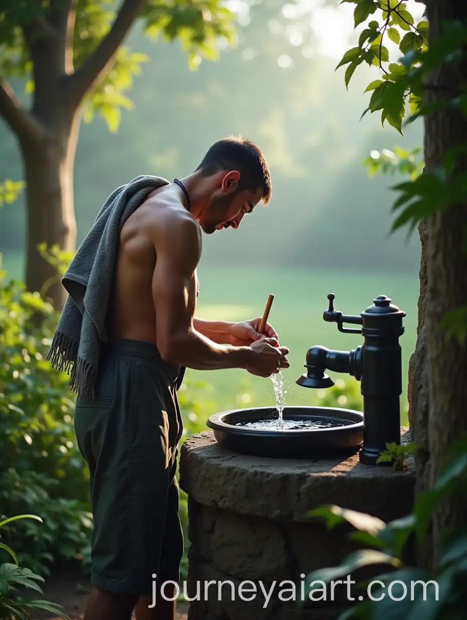 Barber-Washing-His-Face-at-Outdoor-Well-Surrounded-by-Lush-Greenery