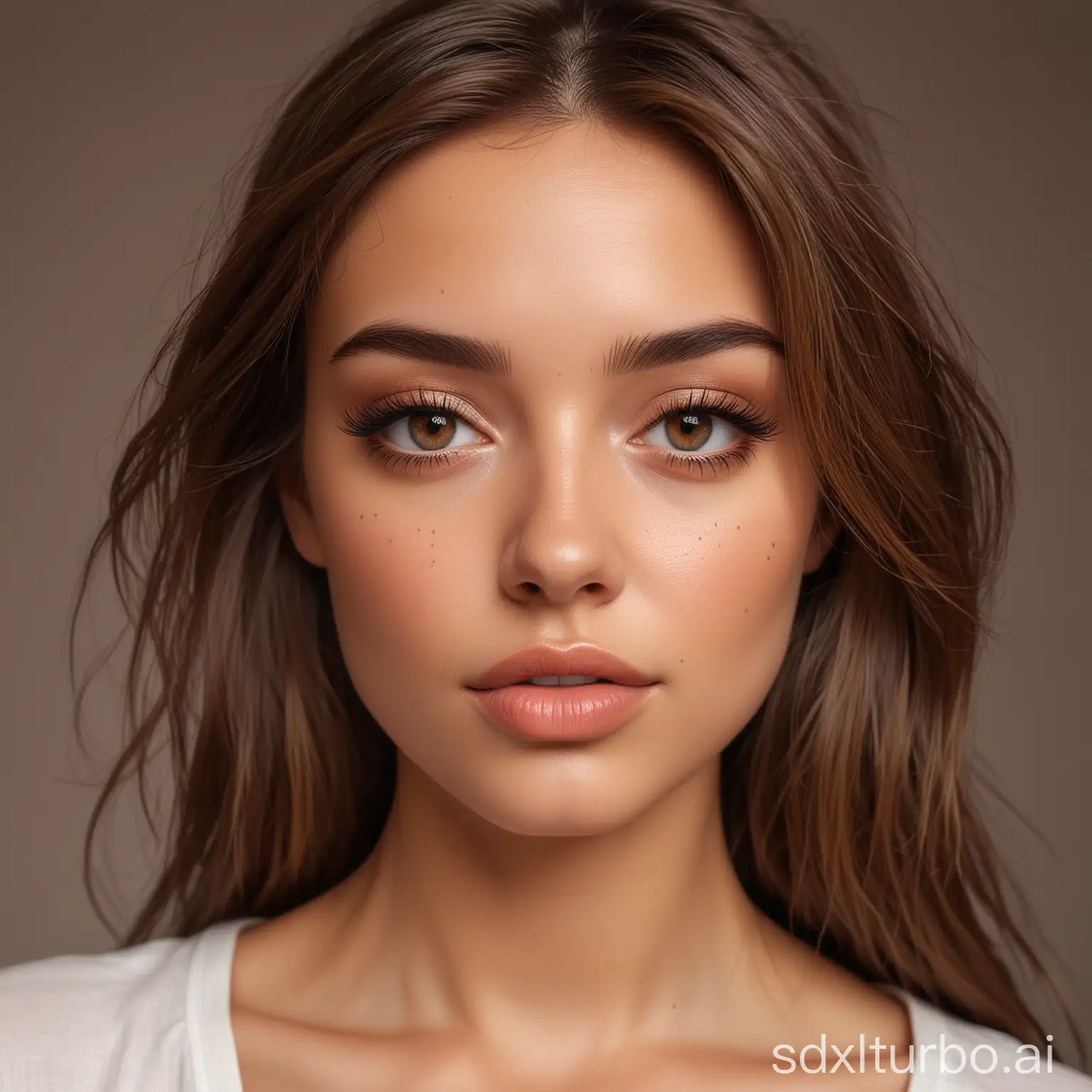 Portrait of a really beautiful photorealistic 23 year old Instagram Influencer girl looking towards camera (full face and head in frame), Italian ethnicity, Full lips with slight Cupid’s bow, almond shaped brown eyes with feminine lashes, feminine oval shaped symmetrical face, high cheekbones, slightly narrow nose, soft but sharp features, light freckles, tan skin, brunette hair color, straight long hair.
