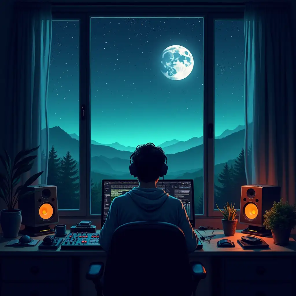 a beat producer creating a new beat in FL studio with his desk in front of a window and through the window you see a night full of stars and the big moon and green hills below the sky