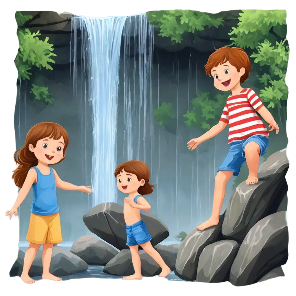 Children-Enjoy-Waterfall-Cartoon-PNG-A-Vibrant-Visual-Delight