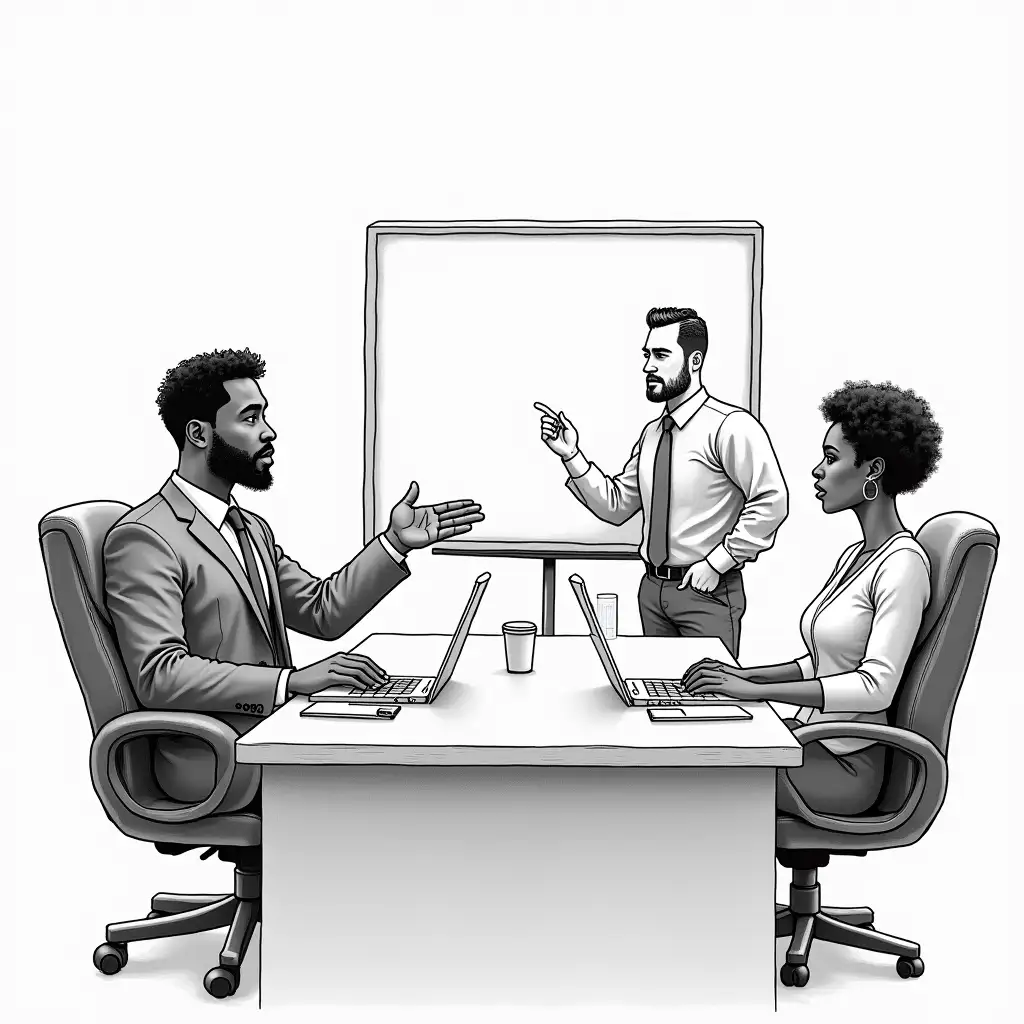 DRAW A BLACK MAN AND BLACK WOMAN SITTING IN THE BOARDROOM WITH ONE WHITE MAN DOING A PRESENTATION ATTENDING A MEETING