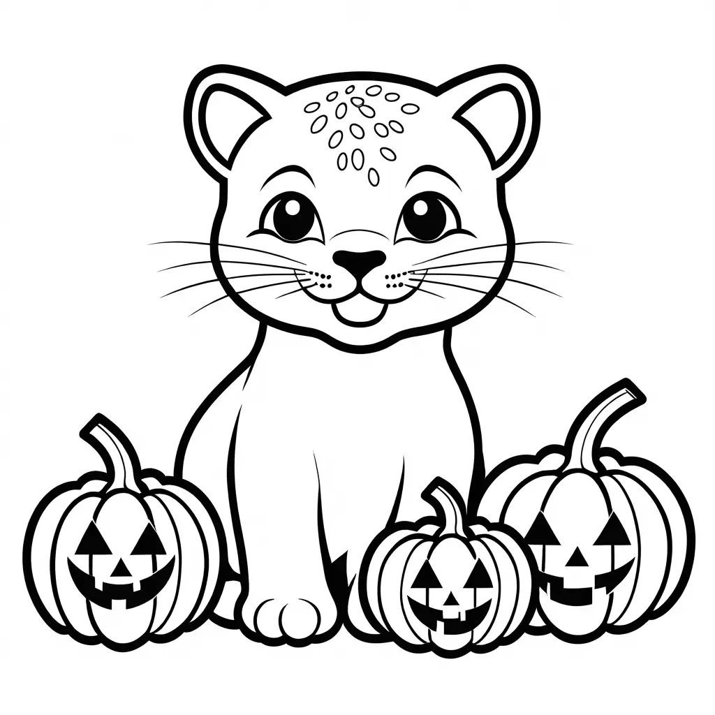 Happy-Jaguar-with-Halloween-Pumpkins-Coloring-Page-for-Toddlers