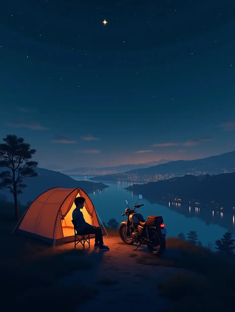 An animated drone-shot view of a young man sitting peacefully on a chair beside a small tent atop a remote hill, far away from the bustling city lights. The animated character, a stylish and smart young adult with well-groomed hair and trendy clothes, exudes an air of contentment and solitude. His Royal Enfield bike is parked nearby, saddlebags resting on it, completing the adventurous vibe. The scene captures the black night sky filled with countless stars, adding a serene and magical touch. In the distance, the city glows softly, its lights shimmering like a distant dream. Below the hill, a calm river reflects the starlit sky, enhancing the beauty of the moment. The perfect balance of the man's peaceful demeanor, the stunning animated landscape, and the cinematic lighting makes this a breathtaking portrayal of solitude and adventure.