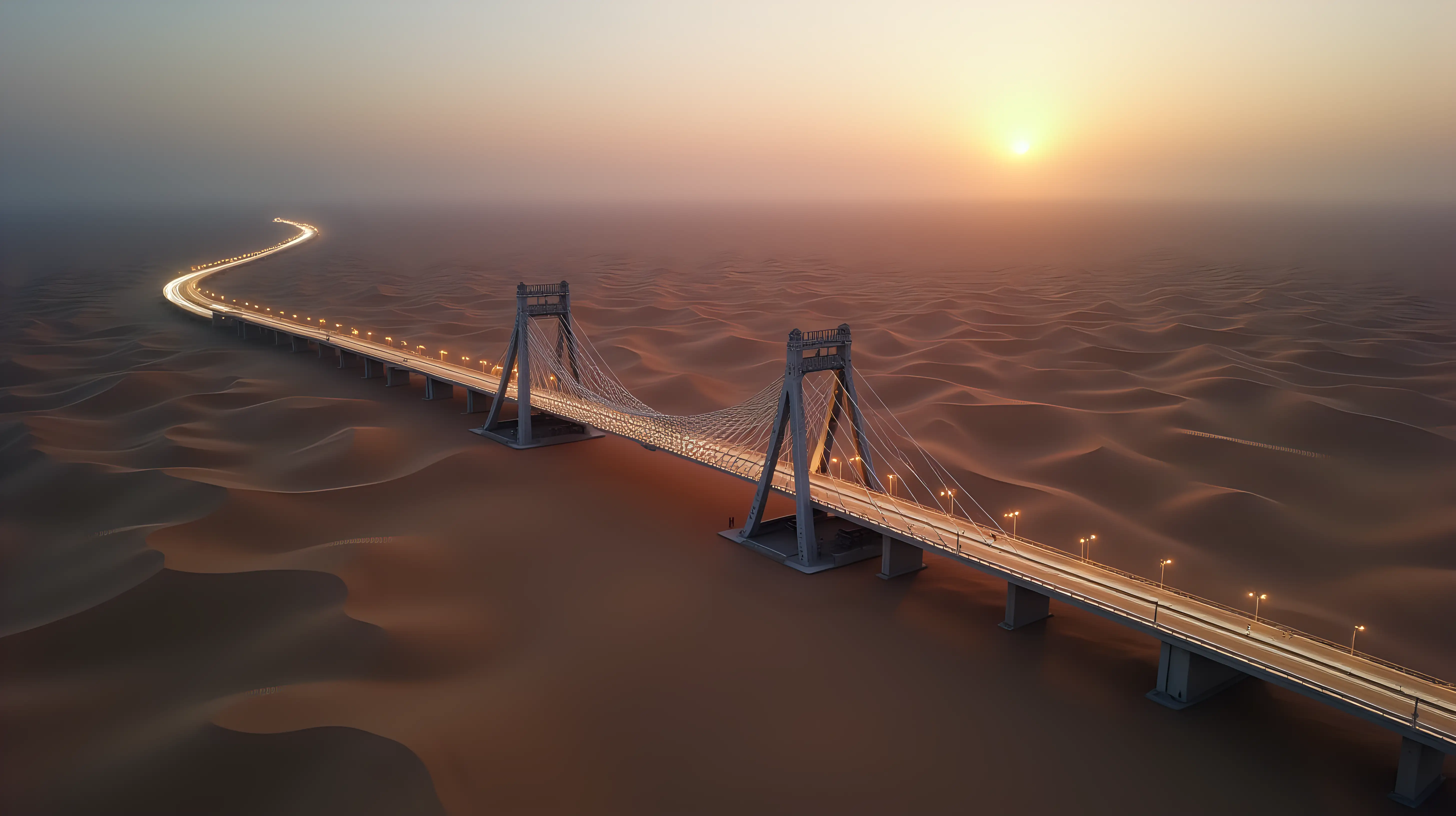 Majestic Steel and Glass Bridge Connecting Dunes in Desert Landscape