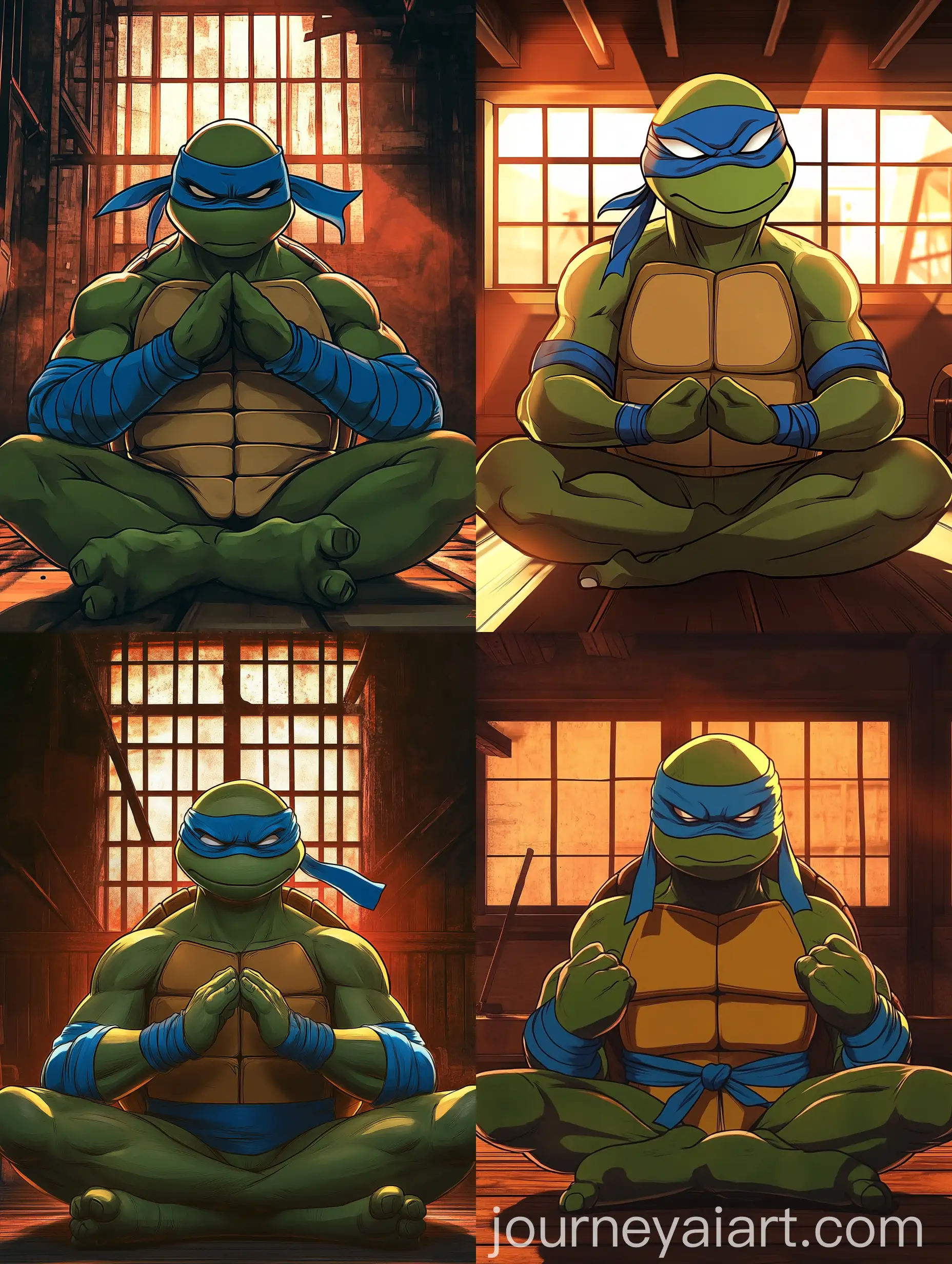 Meditating-Ninja-Turtle-in-Sunset-Lit-Dojo