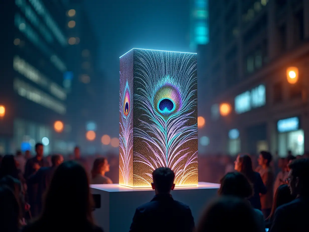 displayed on a high pedestal at night in an urban setting. The surface of the box is adorned with intricate peacock feather IN WHITE BACKGROUND created using cold foil printing, shimmering with iridescent metallic colors (gold, blue, green, purple). A soft spotlight shines on the box, reflecting dazzling lights. Below, a crowd of people is gathered, seen from a low angle, gazing in awe and admiration. Some are taking photos with their phones. Ethereal, peacock-feather-like light beams subtly radiate from the box, adding a magical and captivating atmosphere. The background is LIGHT to make the foil reflections pop. ultra realistic, cinematic lighting, low angle, detailed textures, magical atmosphere, cold foil print, luxury packaging, peacock colors