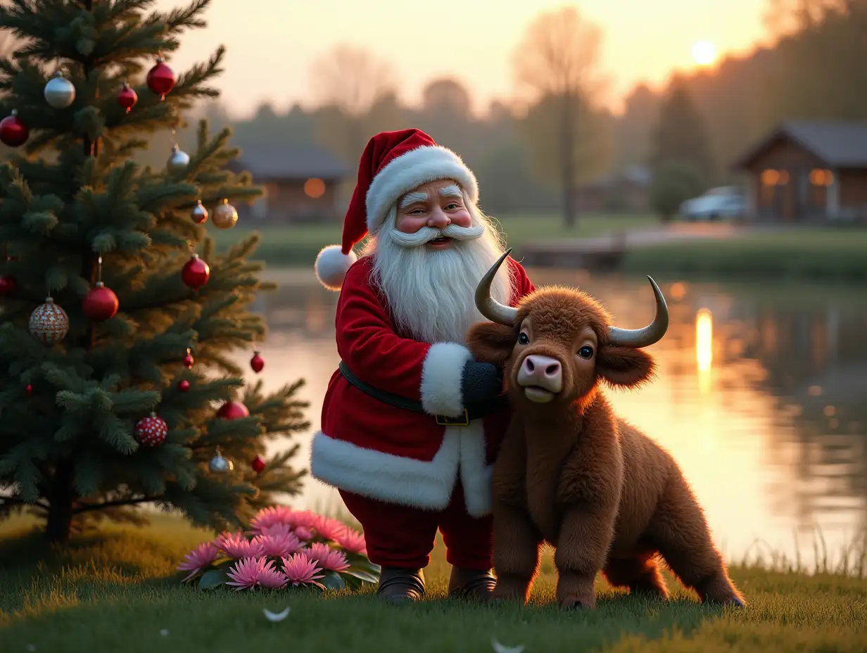 A cheerful Santa Claus near the Christmas tree hugs one lively plump young bull of the Highland breed, whose fur sticks out in all directions as if fluffy and even falls over his eyes and nose and he is brown without horns on his head, all this happens on a grassy lawn and the lawn itself is located on the shore of a huge eco-pond with crystal clear water. There is plenty of water and lots of pink water lilies, and the pond itself has natural gentle grassy banks, similar to wild ponds, on the other side there are only 3 small one-story houses., located at some distance from each other and away from the shore of the pond, these houses have the appearance of single-storey chalets with a gable roof, each roof slope is smooth, without bends, each chalet is built according to a system of wooden beams consisting only of vertical wooden beams, and only in the half-timbered style, and between the glass beams in the glass There are panoramic windows in all walls from the floor to the roof, meaning each wall is a panoramic window. There is sunset light at sunset and in the reflections, the foreground is in focus, and the background is blurred and realistic.