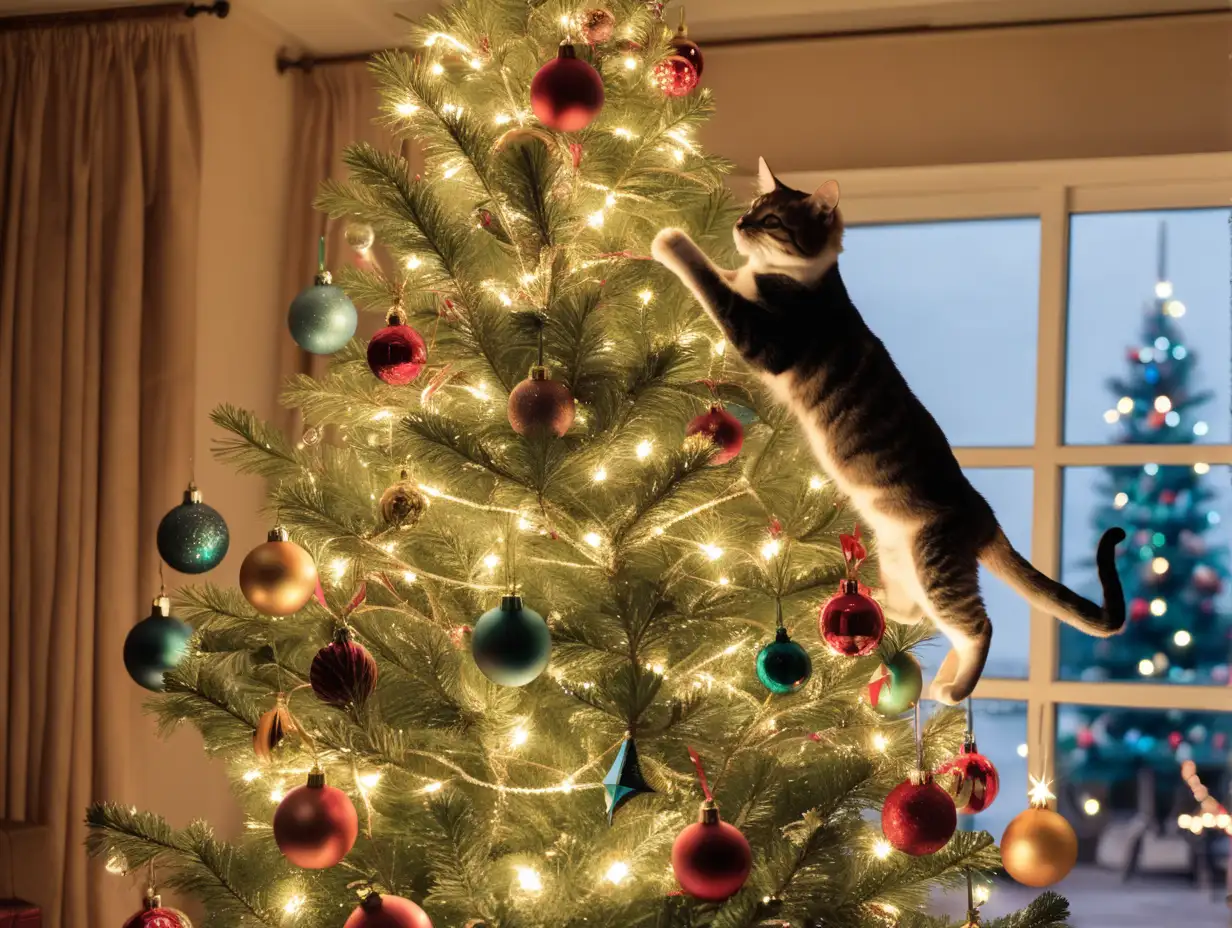 Curious Cat Climbing Festive Christmas Tree