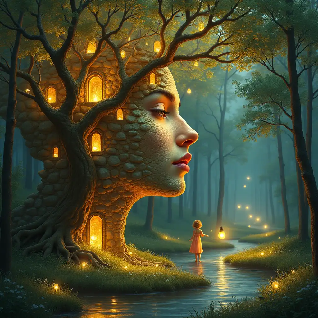 Creating a digital painting of a face with leuctkugel hair, that turns into a building with gold stones and illuminated trees with golden roots and a river with floating light bulbs and lanterns and strange fairy beings on a meadow