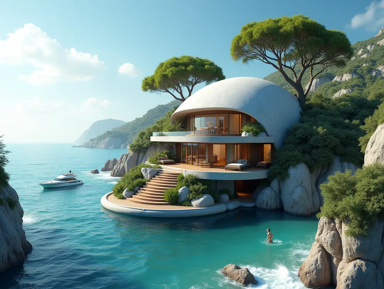 Create a high-resolution, realistic panorama image of a futuristic terrace building with steps to the sea window snail house with many plants and gray and brown facades a yacht and a woman in the sea waves, large trees, blue sky