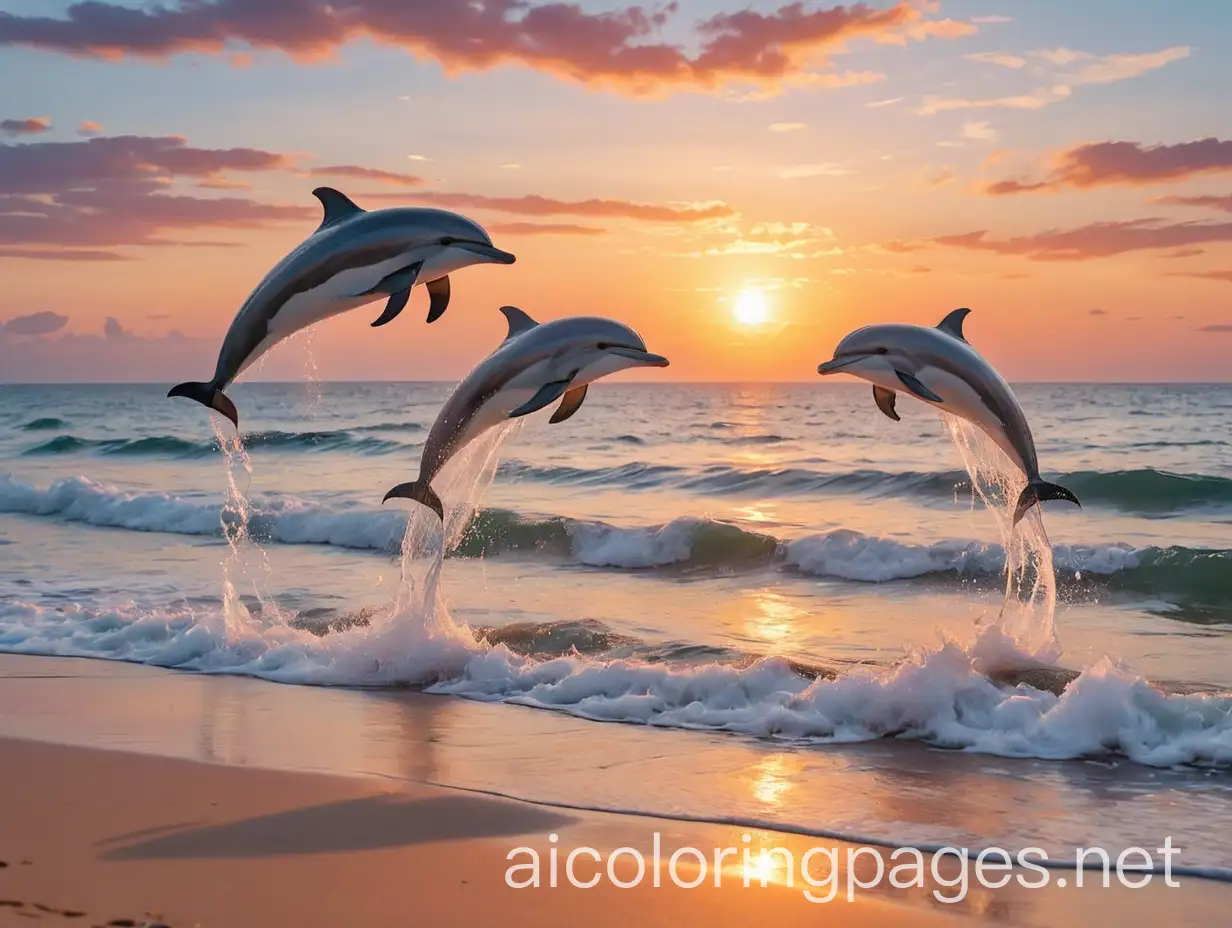 Pink-Sunset-Beach-Scene-with-Dolphins-Playing-in-Blue-Water