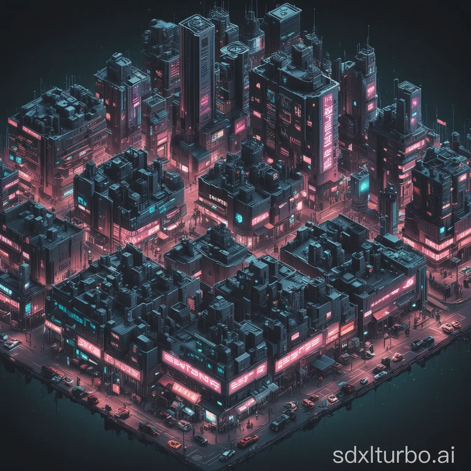 isometric cyberpunk city at night
