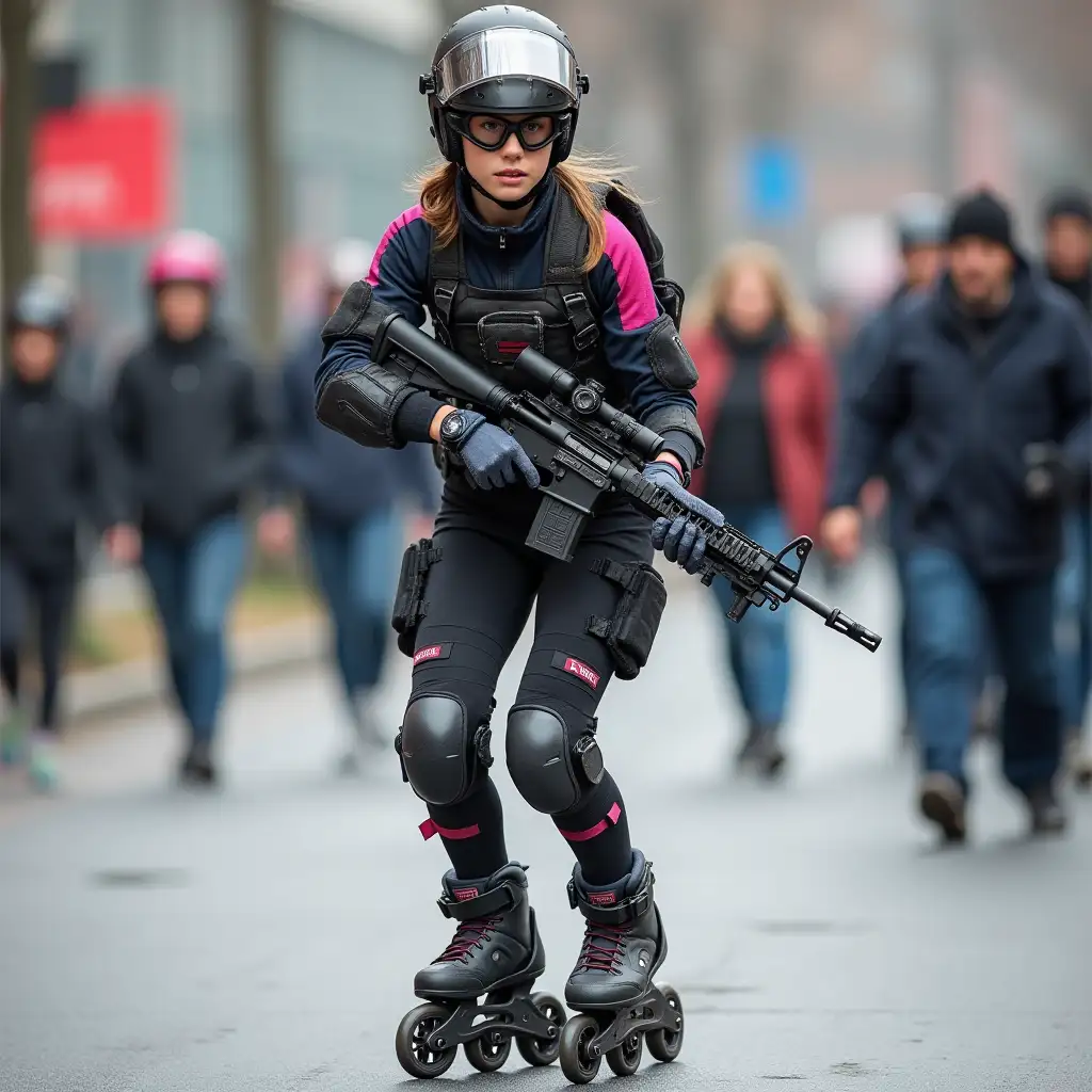 a 17 year old airsoft geared woman at a distance, she is skating on a street, holding a weapon, ordinary people in background, clothes have racing colors, she is wearing lots of functional sportswear, cycling gloves, airsoft helmet with transparent visor over eyes, smartwatch, thick plastic knee pads, modern inline skates with complete organized wheels