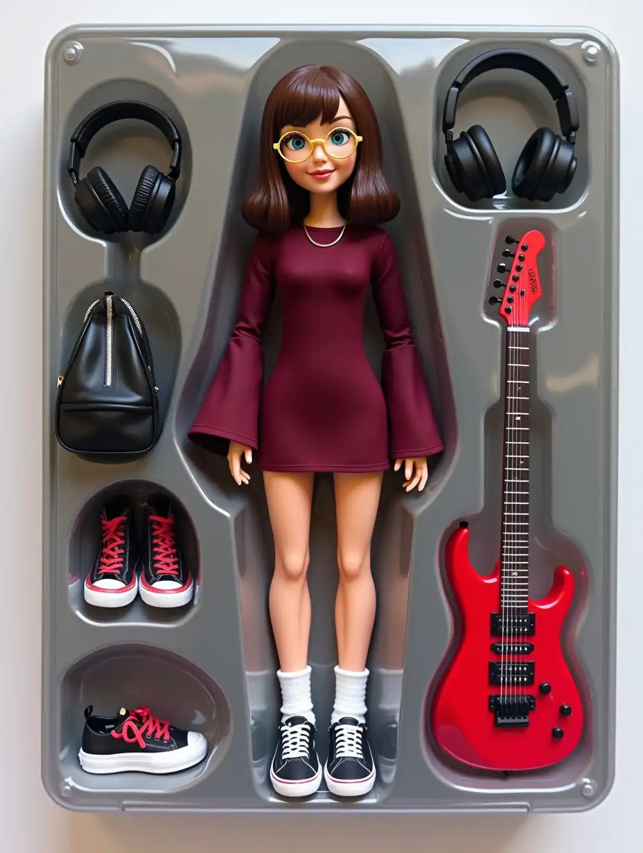Use this photo of me to create your own action figure in a blister pack, in the style of a premium collectible toy. A thin figure of a girl with waist-length brown hair, blue eyes, thin gold glasses, a thin waist, in a tight short burgundy dress with wide sleeves to the wrists, shod in low white socks with black vans sneakers with red inserts, and should stand straight and smile in a relaxed, friendly manner. The blister pack should have a heading with the text 'Matyash Marina' written in large letters, and the subtitle 'Medusa-129' under it. The side compartments in the picture should contain accessories: headphones, a MICHAEL KORS bag, black and red vans sneakers, and a red electric guitar.