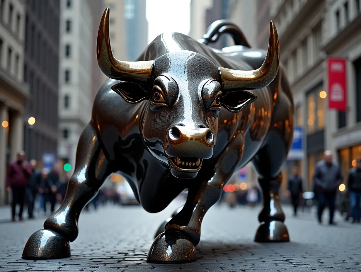 Futuristic-Hypermodified-Wall-Street-Bull-Sculpture-in-ChromePlated-Carbon-Alloy