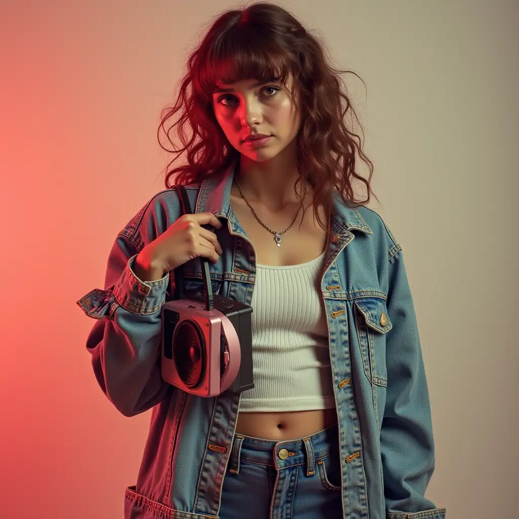 Girl in 90s Style with Boombox on Shoulder