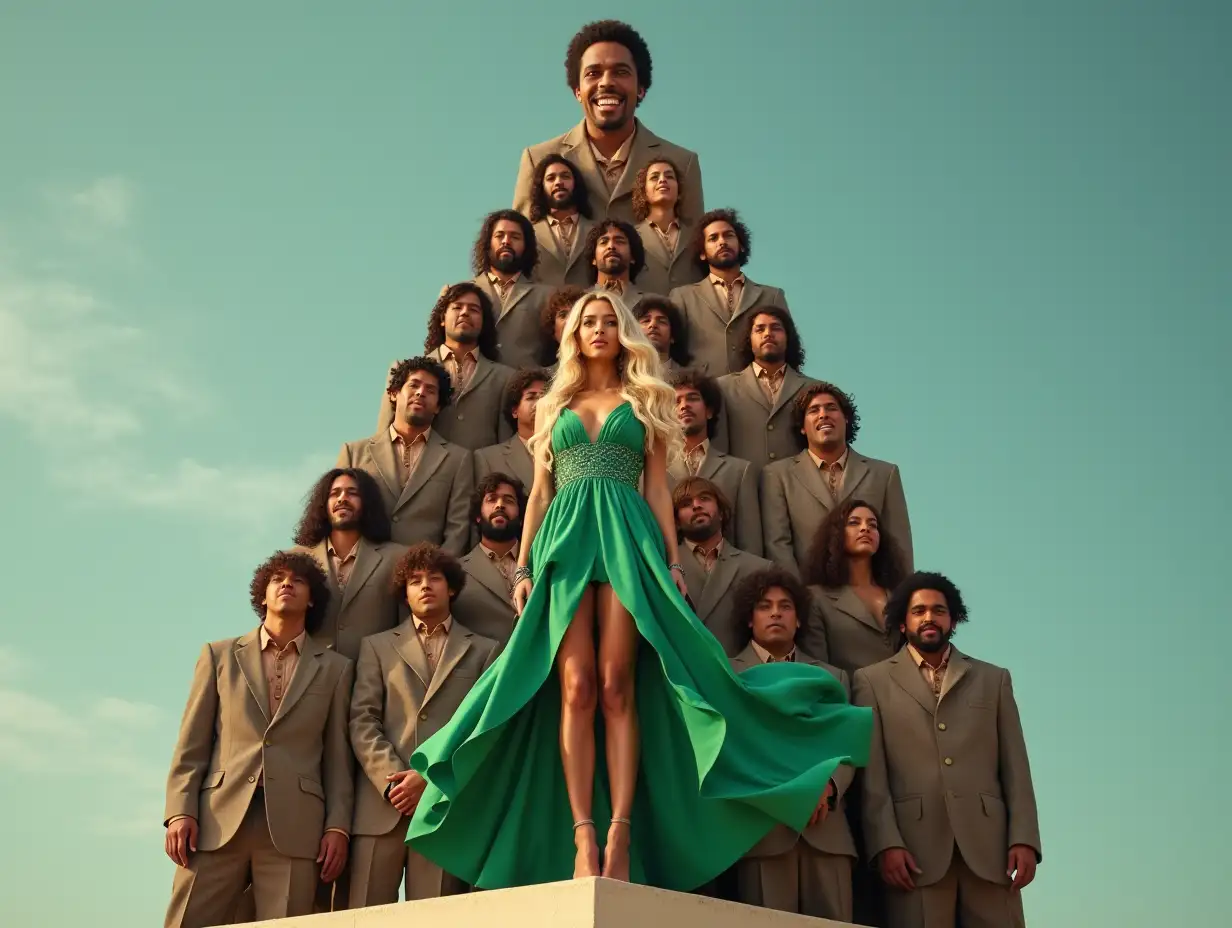 Pyramid of smiling men stacked one on top of the other with Jackson5 on top, with a beautiful woman on high heels standing on the pedestal in front of them in a magnificent green dress with loose blonde long hair