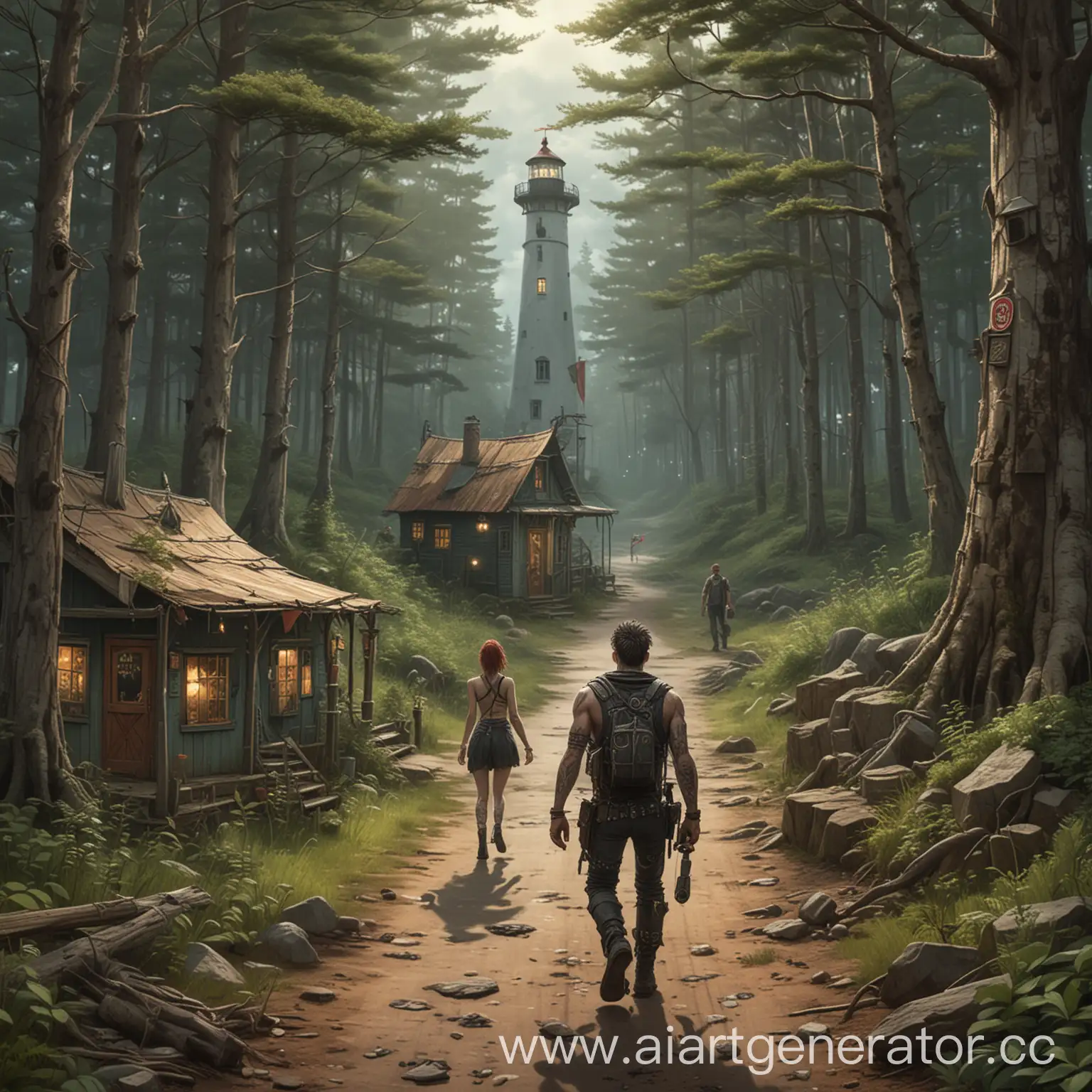 Punk-Man-Walking-Past-Tavern-ExGirlfriend-and-Lighthouse-in-Forest