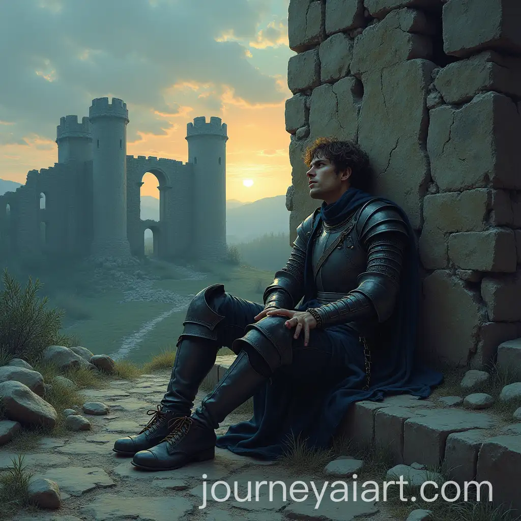 Depressed-Knight-Resting-Against-Crumbling-Castle-Wall-at-Dusk