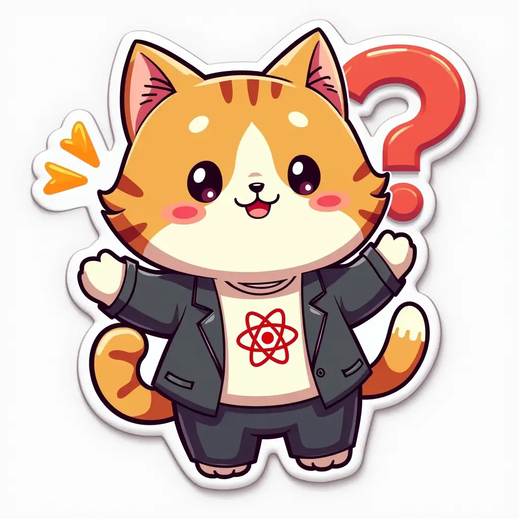 A curvilinearly cut sticker depicting a kawaii positive fluffy little cat in office clothes with an atom symbol on t-shirt.  The face and pose express the emotion of thoughtfulness, the large question mark symbol in the background emits a glow. Vibrant and dynamic die cut sticker design top-view, high resolution, vector art, white background, paint in anime style