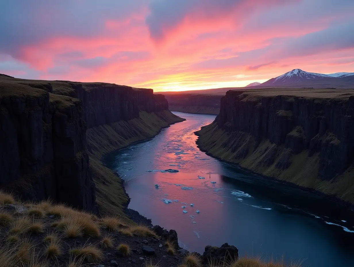 Picturesque-Canyon-Fjadrargljufur-at-Sunset-with-Colorful-Sky-and-Reflections