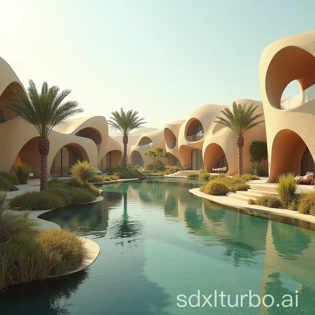 an artistic representation of the Red Sea Oasis futuristic eco-village, capturing the essence of sustainable living and harmony with nature.