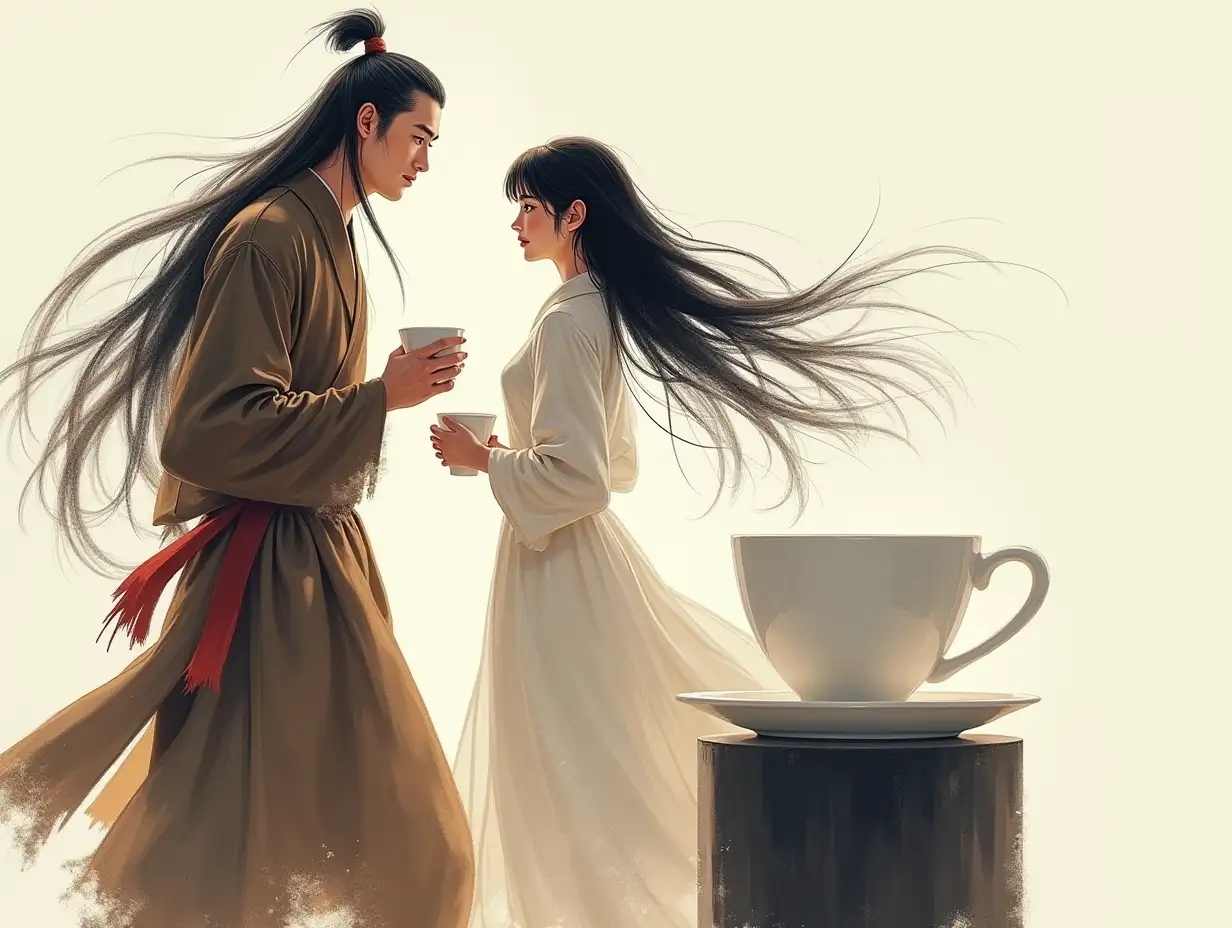 Create a dynamic but detailed, pale illustration in moody with bold lines and messy acrylic painting style, very wild and rough brush strokes shown in style. The character is a Yang Guo with long black straight hair with  a graying temples on two sides, hair flow in the air, he is in brown and badge color outfit, his look is similar to Yang Guo in The Return of the Condor Heros, ensures he has one arm, his pose shown in front, he turn his head and is looking at young Xiaolongnü whose pose shown in side view and looking at Yang Guo as well,  Xiaolongnü is white dress which flowing in air, they both holding 2 white short cups of coffee respectively. Behind Yang Guo. Ensure the image captures a peaceful atmosphere. Ensure a white giant coffee cup scultpture which places on a big black cylinder as it's base, ensure the sculpture is right next to Yang Guo and Xiaolongnü and the sculpture is shown half.