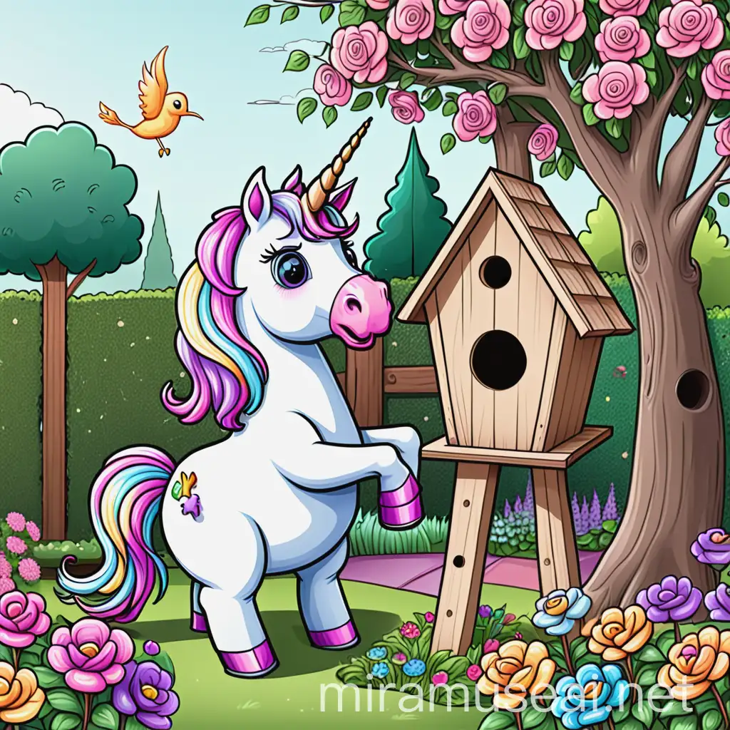 Cartoon Unicorn Sitting in Garden Watching Birdhouse