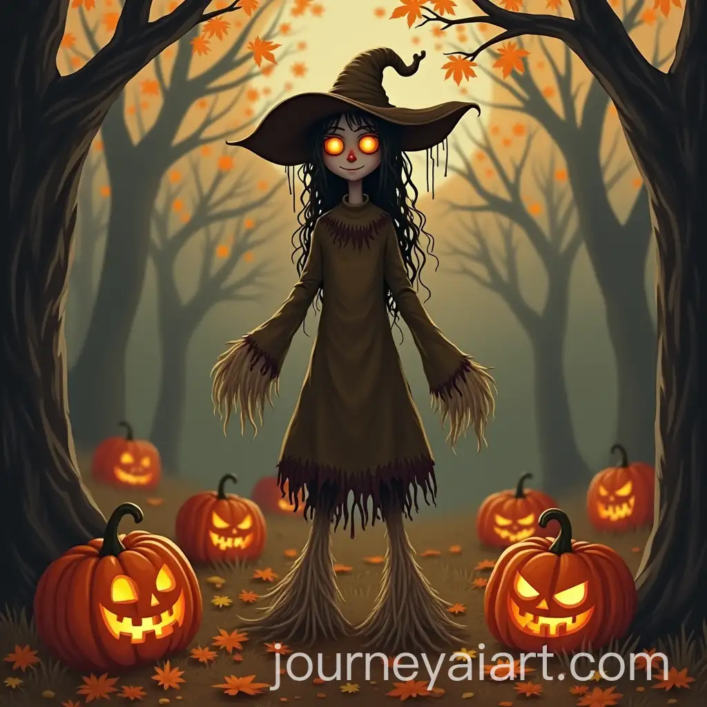 Creepy-Autumn-Character-Surrounded-by-Pumpkins-and-a-Scarecrow