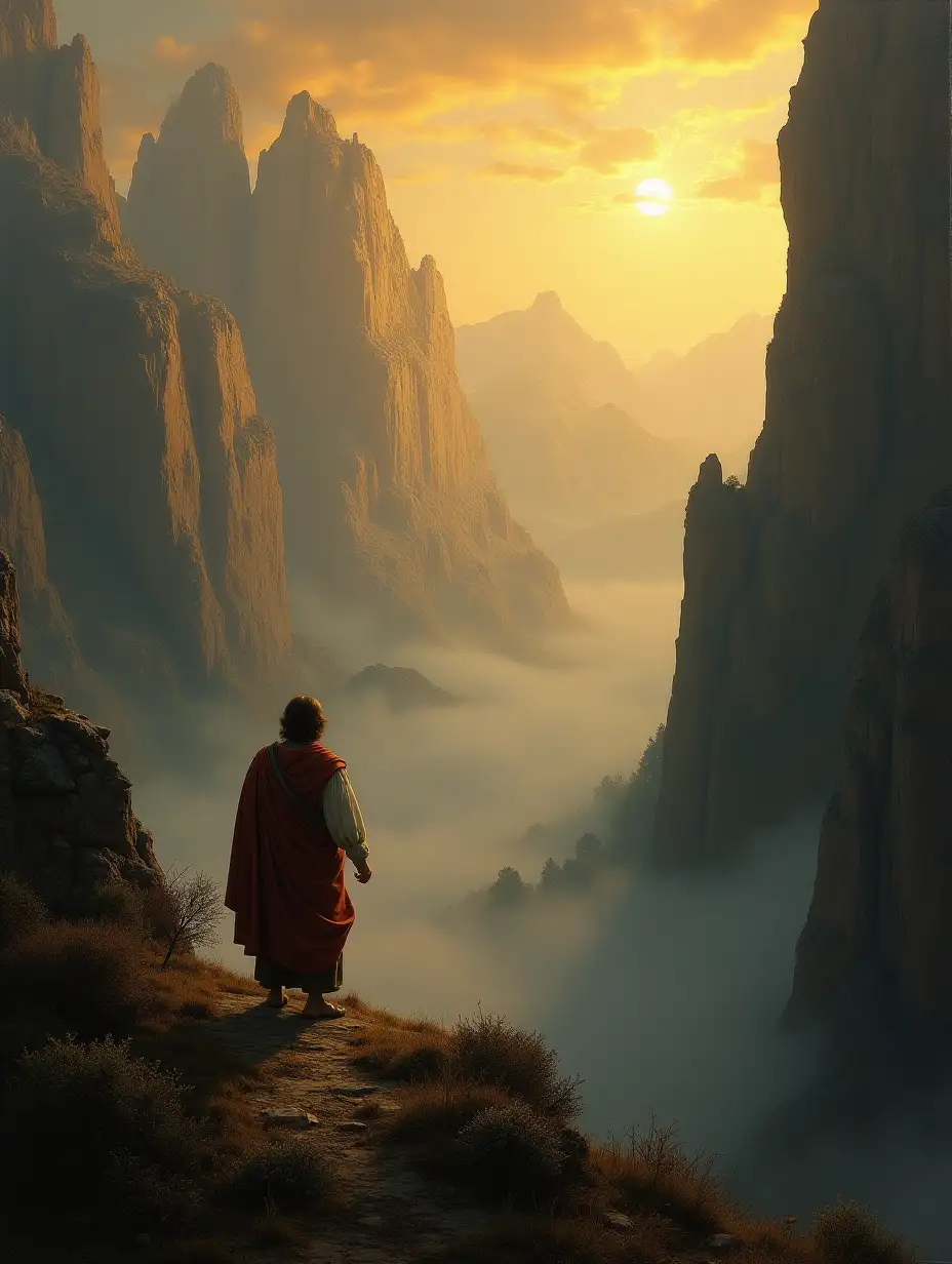 Renaissance painting of a lone ancient man gazing at towering mountains, golden light breaking through mist.