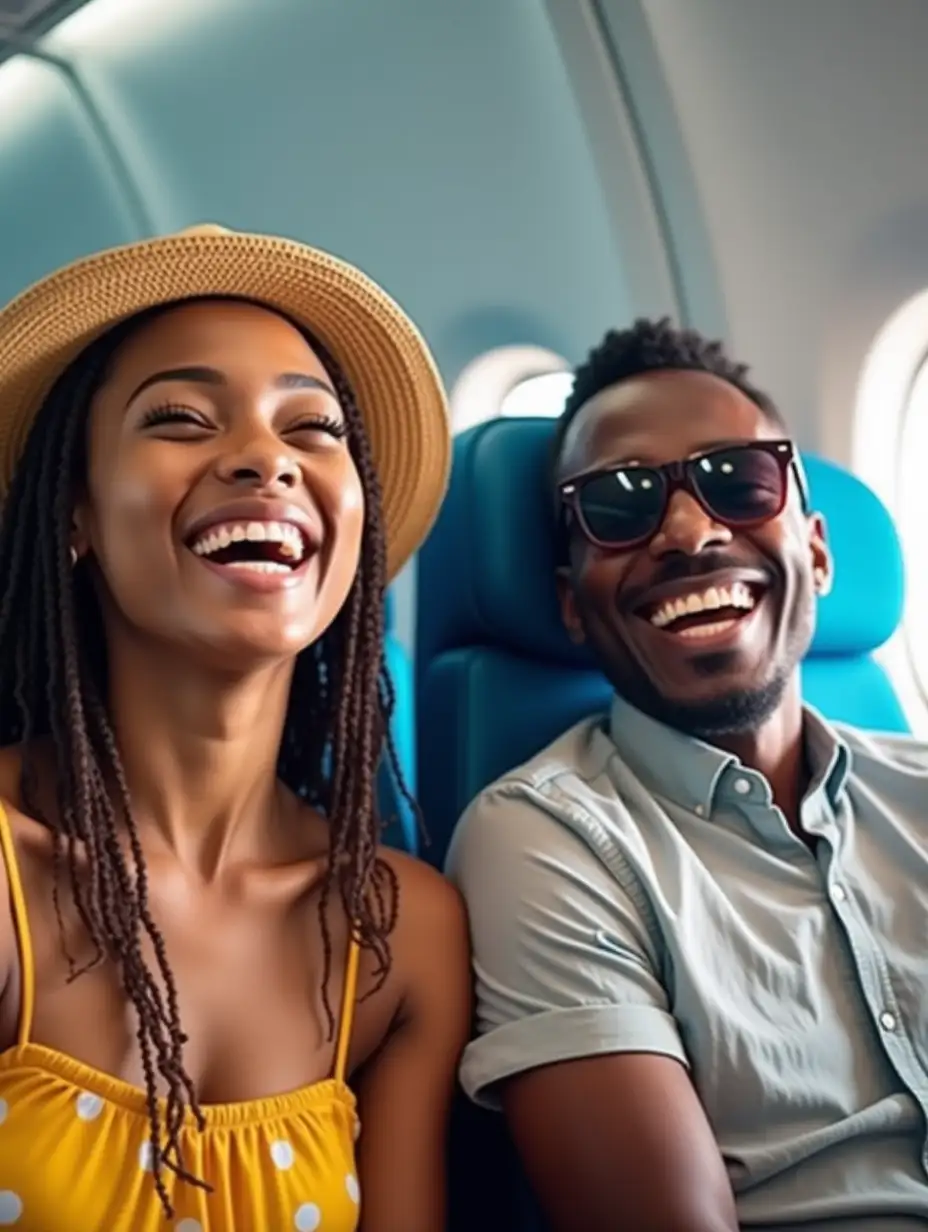 In this vibrant photo taken inside an airplane, a cheerful Nigerian couple is captured in a moment of joy. The woman, adorned with a stylish sunhat, beams with a wide smile, while the man, sporting trendy sunglasses, shares her enthusiasm with a broad grin. They are seated comfortably in blue airplane seats, their excitement palpable as they embark on what appears to be an exciting journey. The bright lighting and their joyful expressions convey a sense of adventure and happiness.